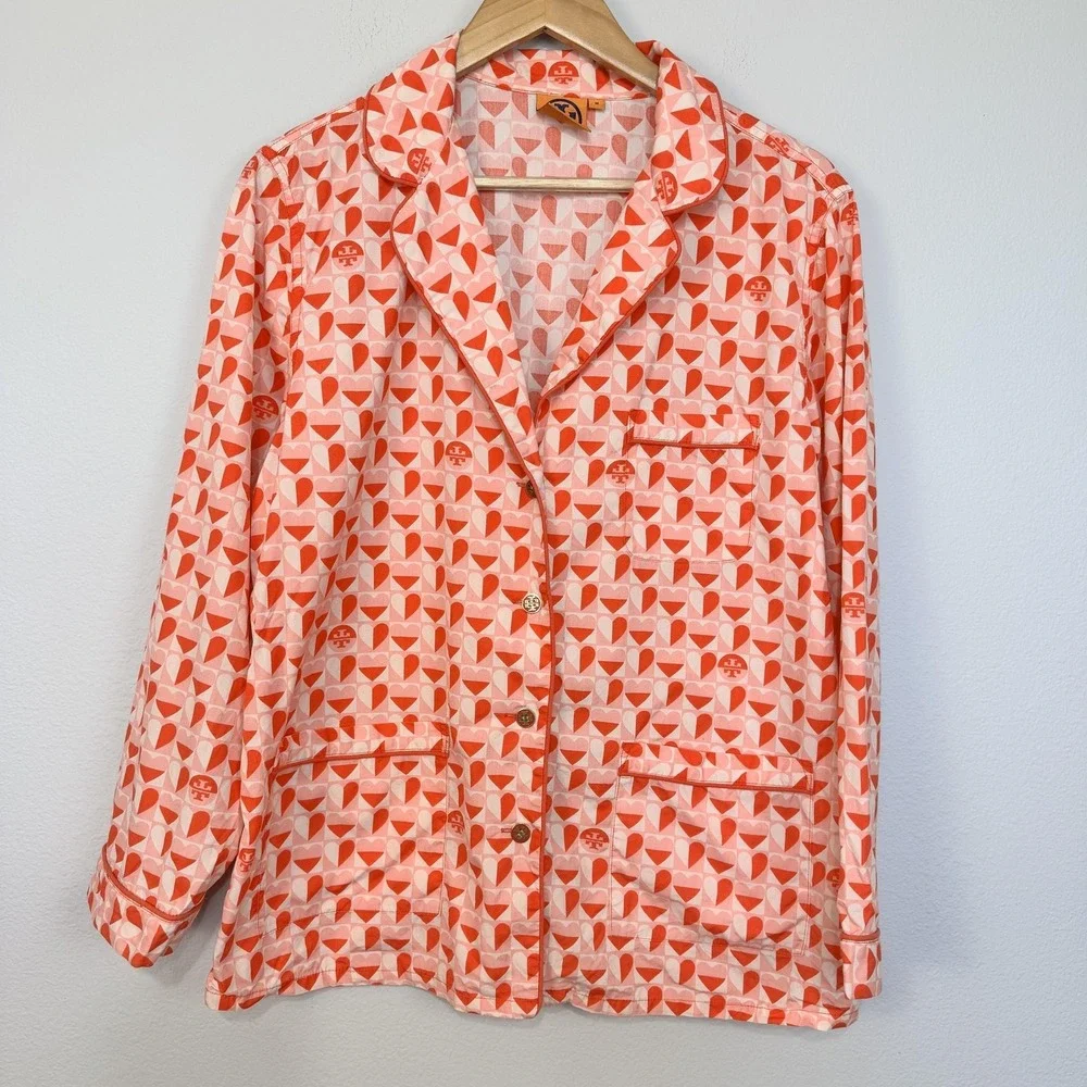 Tory Burch Pajama Top Women's Medium Pink‎ Heart Print Button Front Cotton Logo